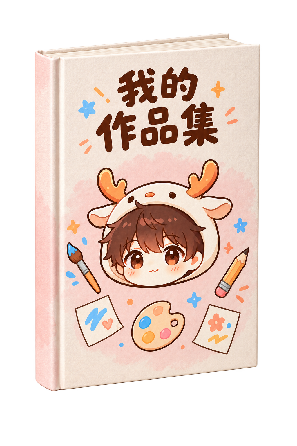 我的作品集立体书，封面绘有鹿角帽人物、画笔和调色盘